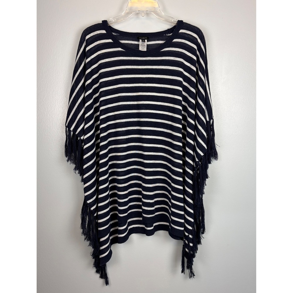 Talbots Small Navy White Striped Linen Fringe Poncho Beach Cover Coastal Grandma
